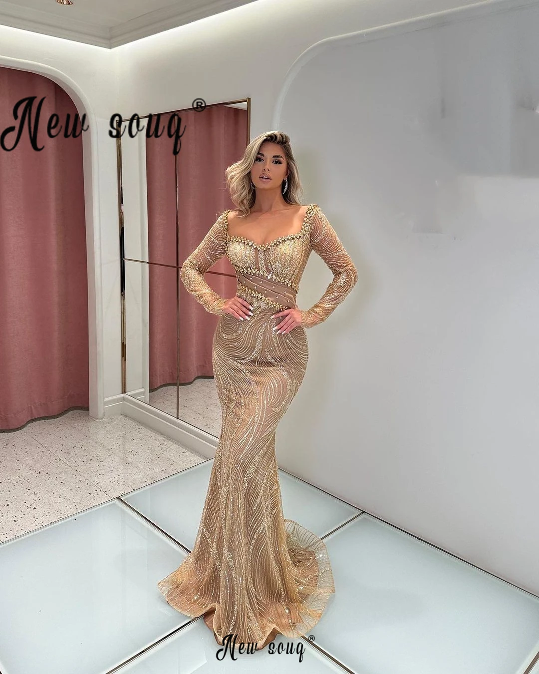 Elegant Golden Crystal Party Dresses Long Sleeve Square Neck Mermaid Wedding Ceremony Dress Luxury Celebrity Gown Evening Dress