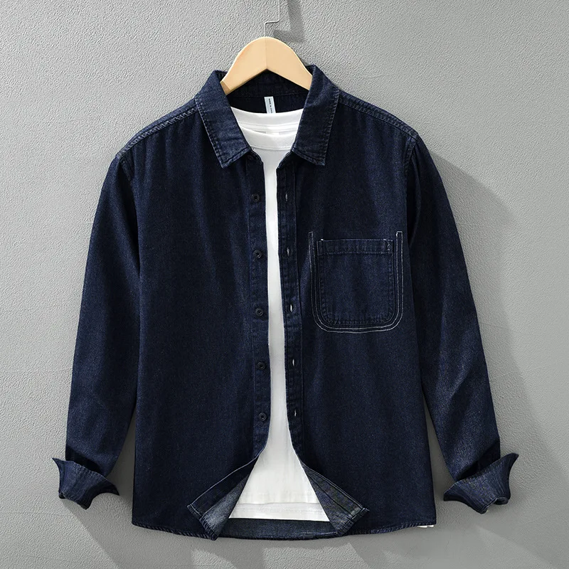 Japanese retro denim long-sleeve shirt for men, versatile, literary, casual, loose-fit top and jacket