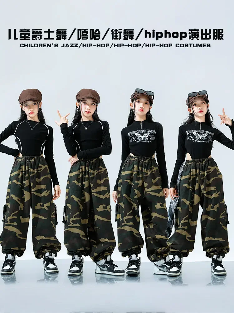 Girls Street Dance Clothing Fashion Black Tops Camouflage Pants Kids Jazz Dance Costume Children Hip Hop Kpop Stage Outfit
