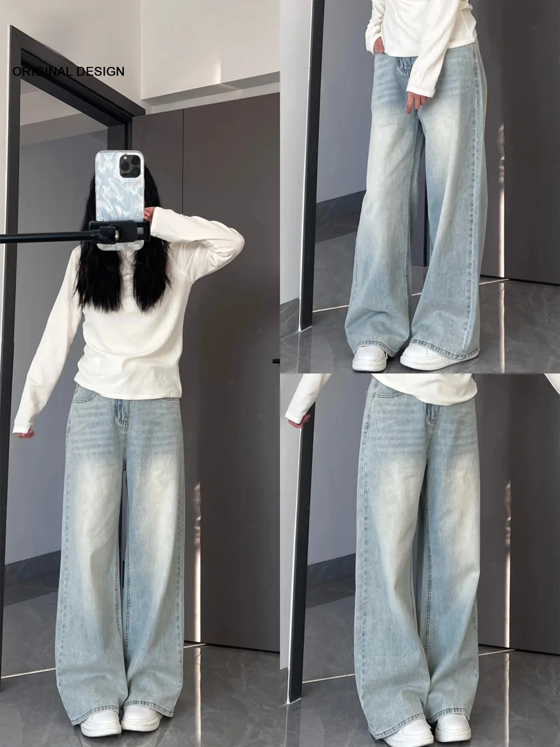 

Женские свободные джинсы с высокой талией и широкими штанинами, светло-голубые, летние, прямого кроя, удлиненные, для создания расслабленного образа, с эффектом похудения