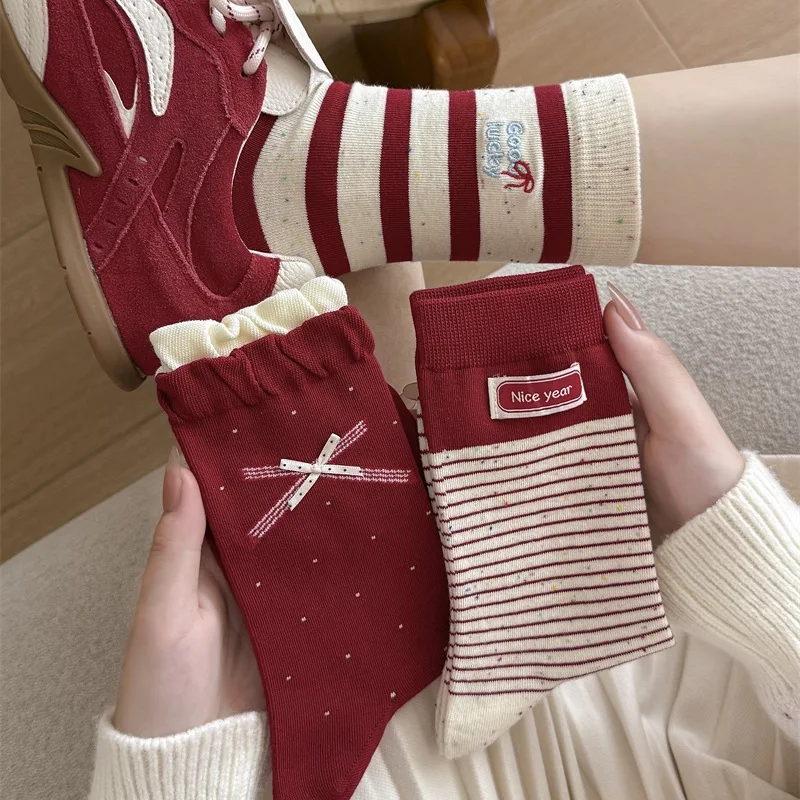 

3 Pairs Red Striped Women's Bow Mid Length Socks with Print New Year Cotton Socks Set Cozy Warm Socks for Girls Wholesale 2026