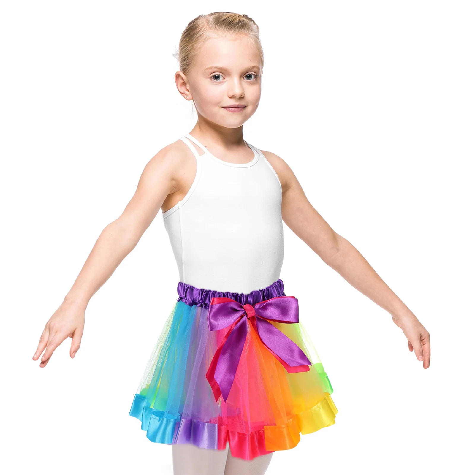 

Girls Rainbow Layered Skirt Tutu Ruffle Dance Dress 4-6 Years Old Elastic Waist Bowknot Stage Party Favors Wear