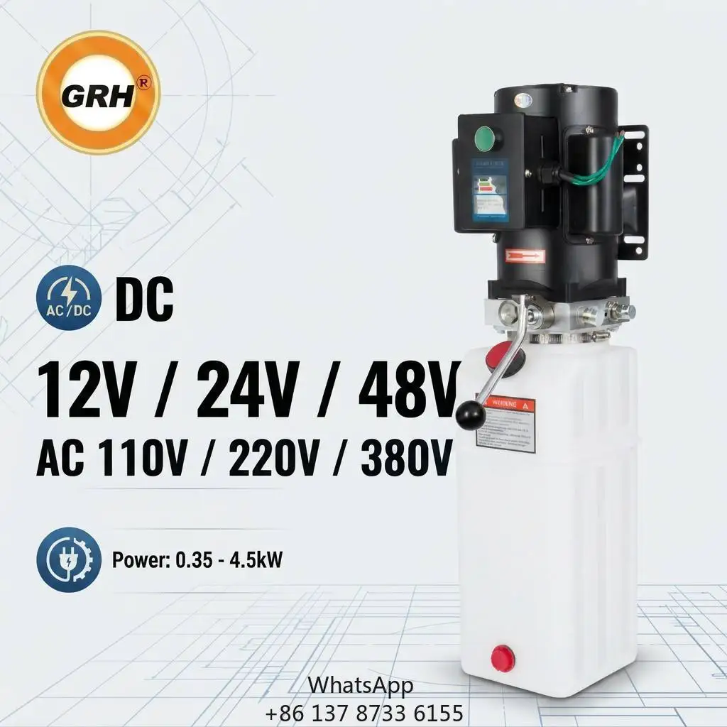 GRH DC 48V 60V Hydraulic Power Unit Double Acting Pump 5-30L Cast Iron Tank Wired Remote Manual Lever For Car Lift Gate Hoist