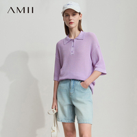 Amii Women Top Minimalist Summer New Old Money Style POLO Neck Wave Pattern Pierced Holes Stitch Loose Knitted Sweater 12552098