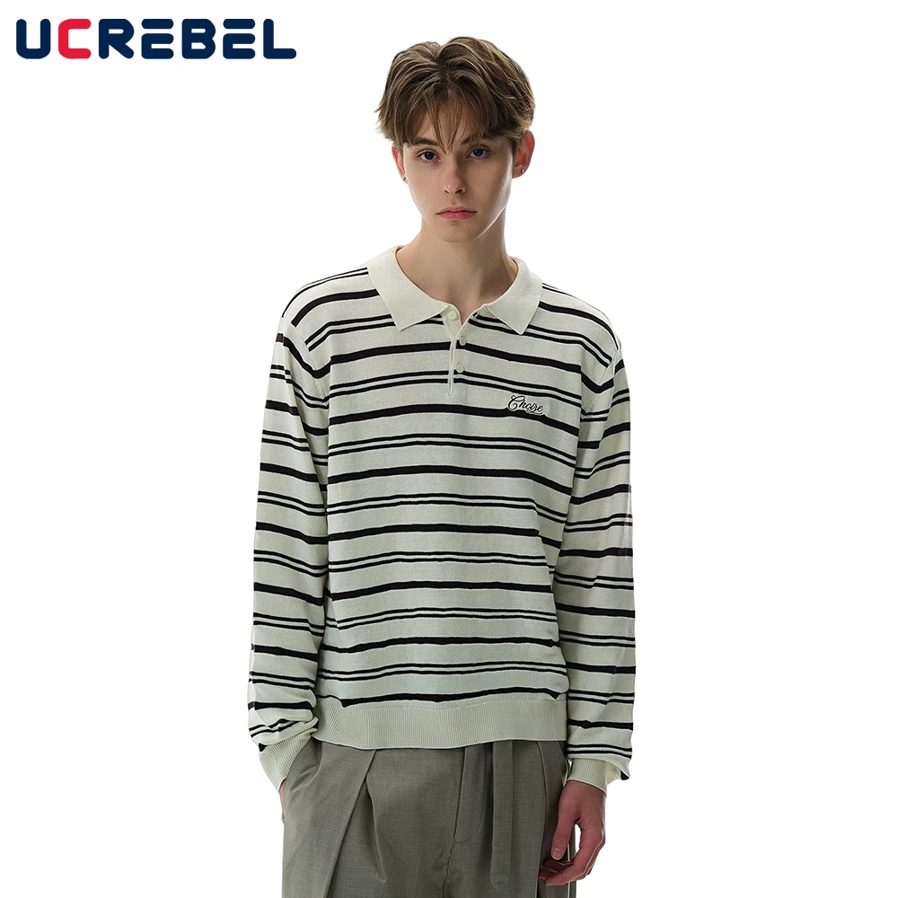 

Striped Lapel Sweater Mens Letter Embroidery Retro Autumn Winter Streetwear Long Sleeve Loose Knitted Pullover Man