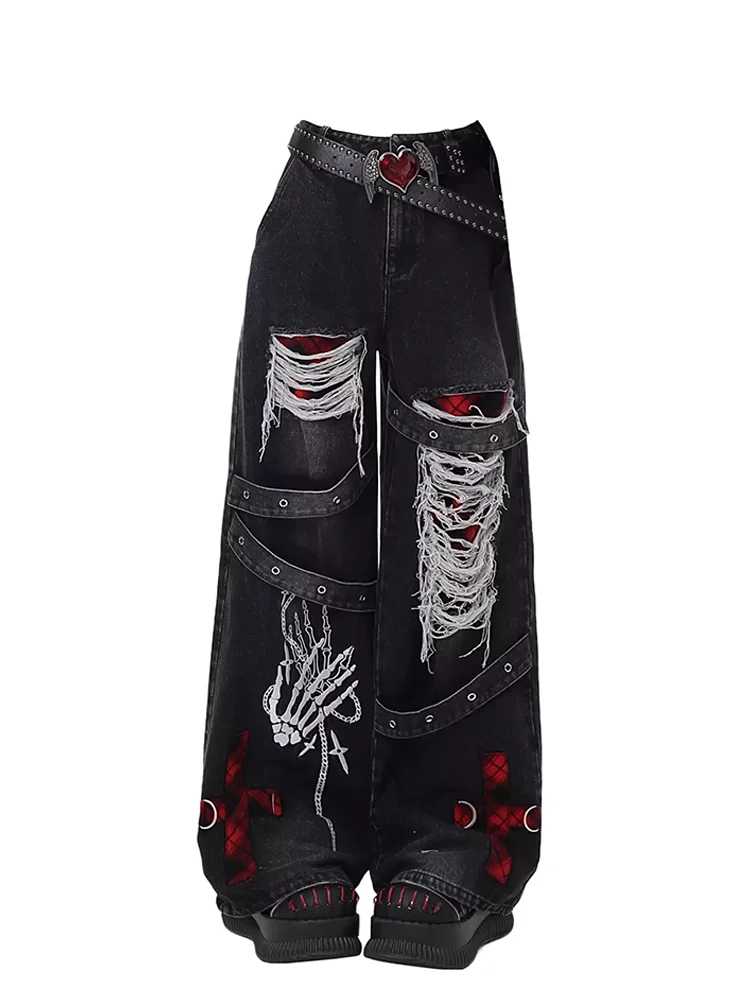 Women's Black Gothic Baggy Jeans Y2K Japanese Harajuku High Street High Waist Fashion Loose Wide Leg Retro Jeans Clothing 2025