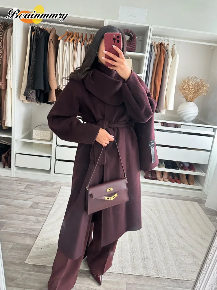 Women Elegant Long Sleeve Belt Long Coats Chic Burgundy Scarf Collar Wool Blend Overcoat 2024 Winter New Lady Commute Outerwear