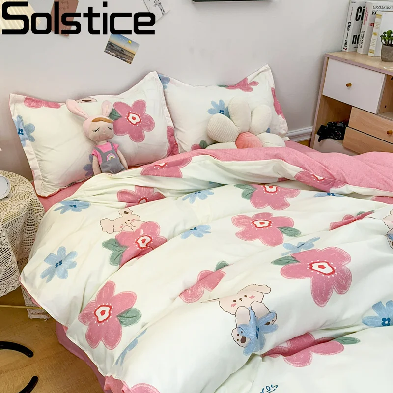 

Solstice Home Textile Cartoon Sakura Bunny Duvet Cover Pillowcase Plaid Sheet Girl Kid Adult Woman Bedding Linen Set Full Twin