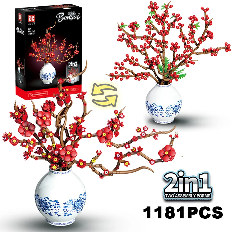 

2025 NEW Creative 2IN1 Flower Bouquet Plum Blossom Building Blocks Holly Bonsai Potted Plant Model Home Desk Decoration Toy Gift
