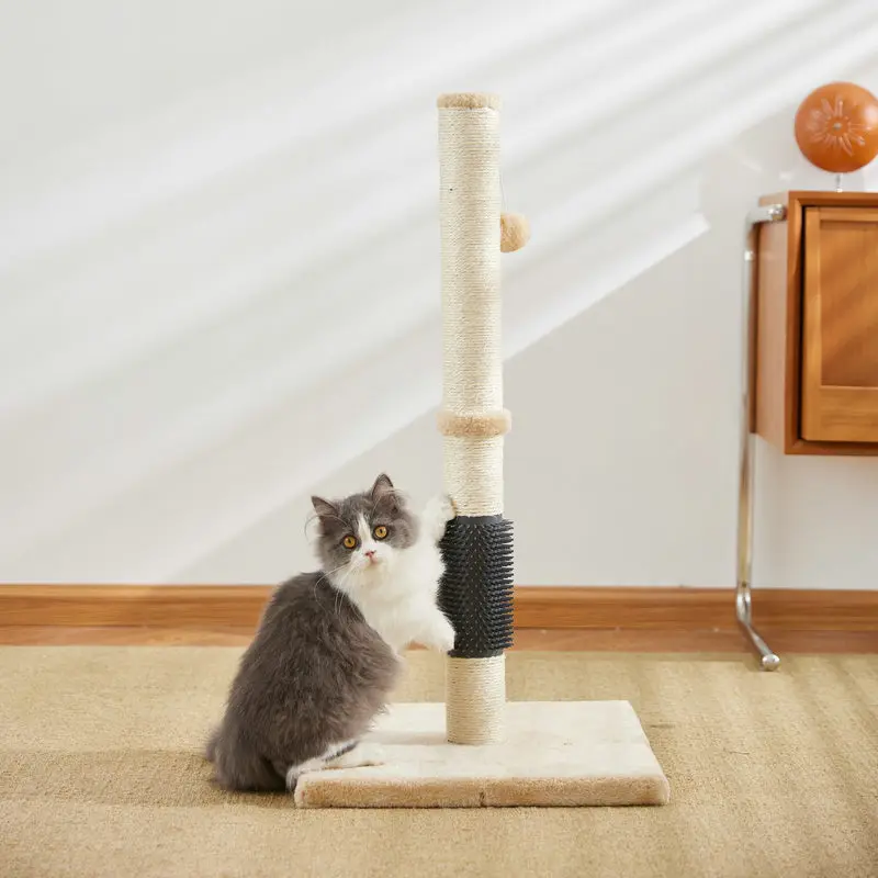 Cat Scratching Post with Self Groomer Cat Brush Sisal Rope Tall Cat Claw Scratcher with Hanging Ball for Indoor Cats