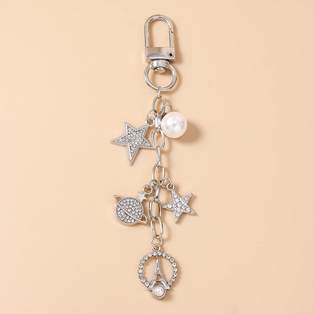 Aihua Niedlicher Kristall-Stern Schlüsselanhänger Perlen-Eiffelturm Schlüsselring Anhänger für Frauen Mädchen Handtaschen-Deko Charms DIY Schmuck – Detail 5