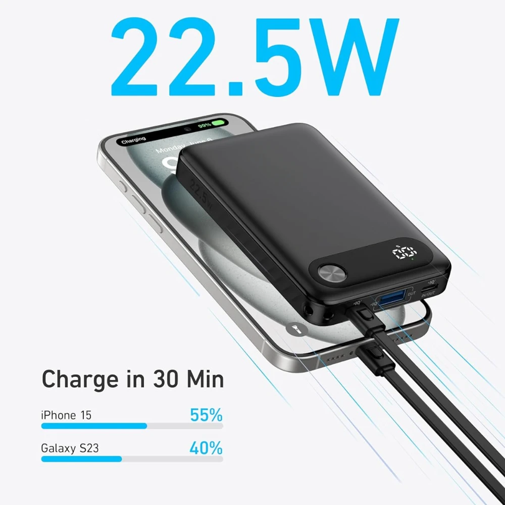 With Built-in USB-C Cable and Lanyard 22.5W Max Backup Battery Pack Power Bank 10000mAh Portable