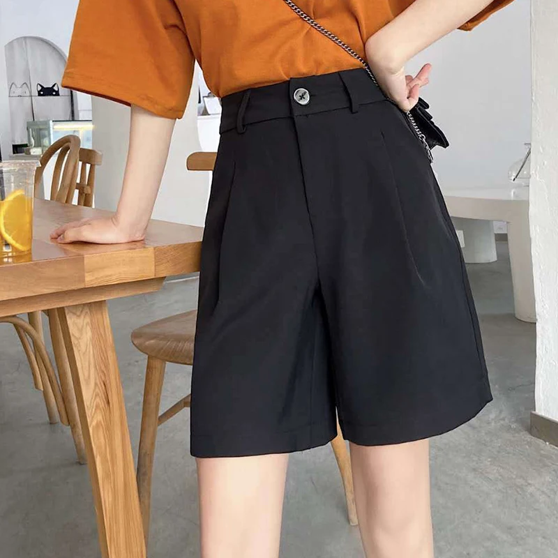 Summer High Waist Wide Leg Suit Shorts for Women 2025 Solid Color Loose Straight Office Ladies Short Pants Korean Pocket Shorts