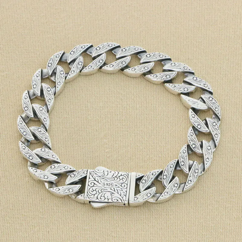 Handsome S925 Sterling Silver Tang Grass Pattern Bracelet for Men with Rugged Personality, Thai Silver Bracelet for Men with Ret