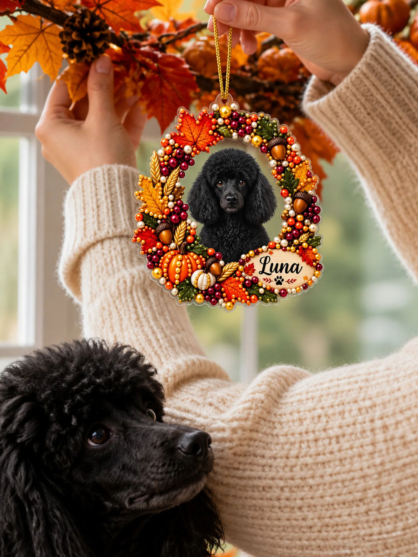 Custom Pet Photo Pearl Painting Kit, DIY 3D Autumn Wreath Ornament with Name Paw Print, Thanksgiving Gift for Dog Cat Lovers