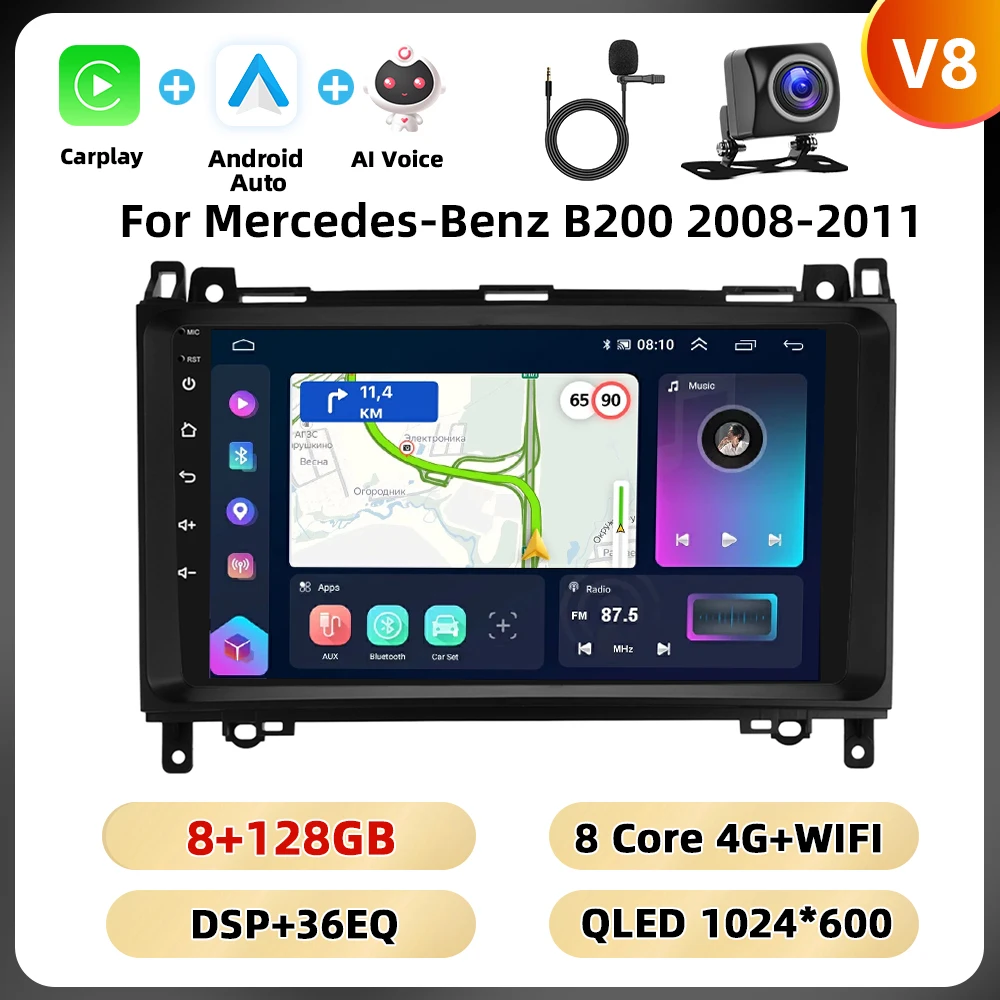 Podofo 8 128G 2din Autoradio Voor Mercedes-Benz B200 2008-2011 Multimediaspeler Navigatie Carplay Android Auto Rds Auto Audio
