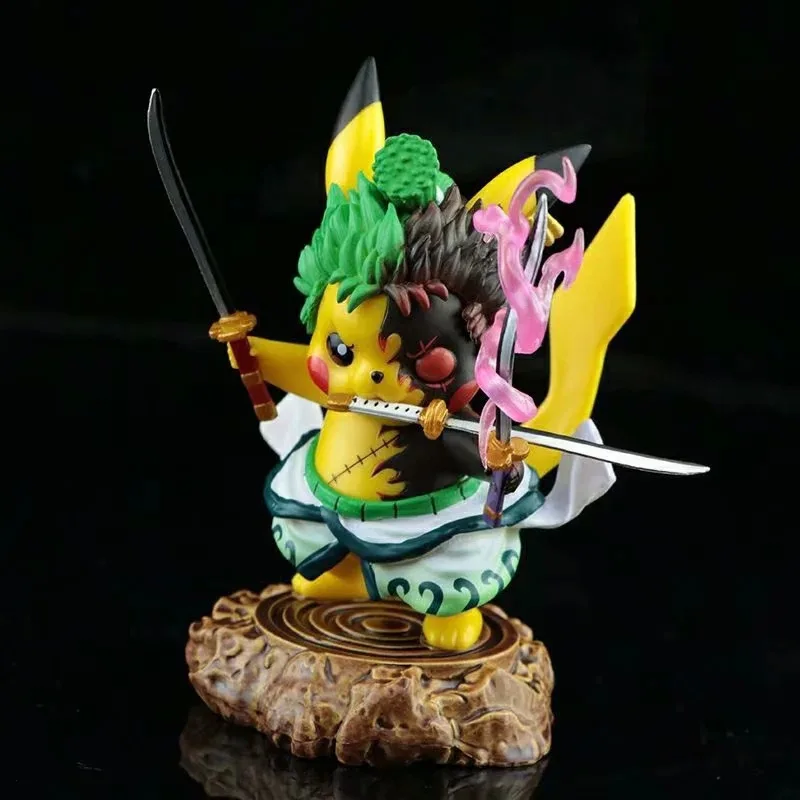 

Three Sword Style Pikachu Chibi Figure Cute Samurai Pokemon PVC Statue Collectible Model with Display Base Anime Gift for Fans