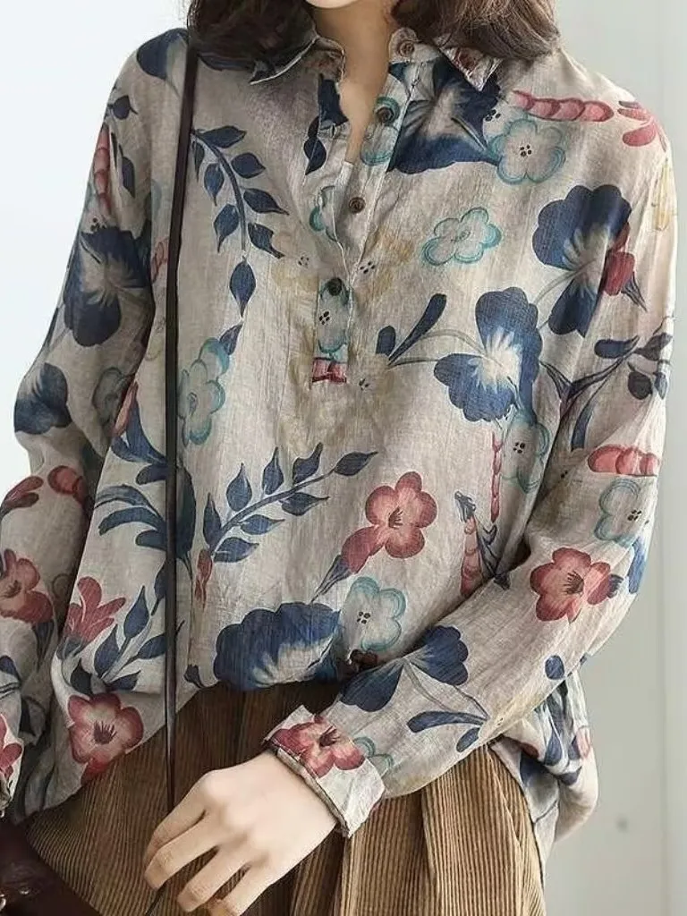 

Ретро-блузка из хлопка и льна с художественным принтом, повседневная, с длинным рукавом, женская, винтажный цветочный дизайн, омолаживающий эффект, осень 2025, модная