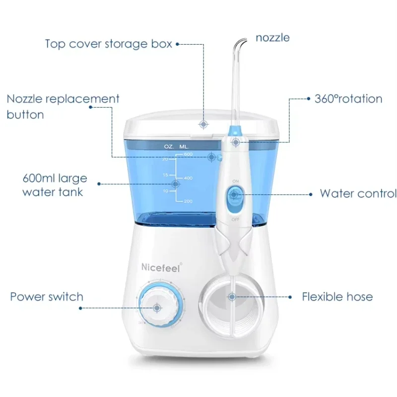 منظف الأسنان عن طريق الفم الري جهاز تنظيف الأسنان بالماء 600 مللي IPX7 مقاوم للماء 7 نصائح متعددة الوظائف لنظافة الأسنان عن طريق الفم والسفر المنزلي