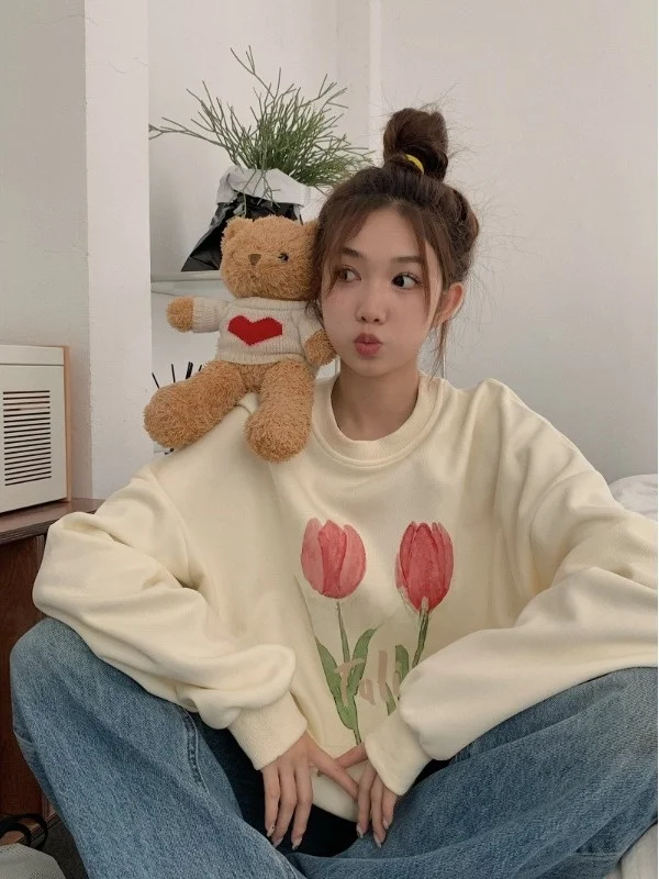 

Женская толстовка без капюшона цвета молочного абрикоса в винтажном стиле Tulip, осенне-зимняя, свободного кроя, модный топ в непринужденном стиле, милый дизайн