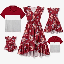 PatPat Family Matching Colorblock Polo Shirt and Floral Ruffle Hem Wrap Dress Sets