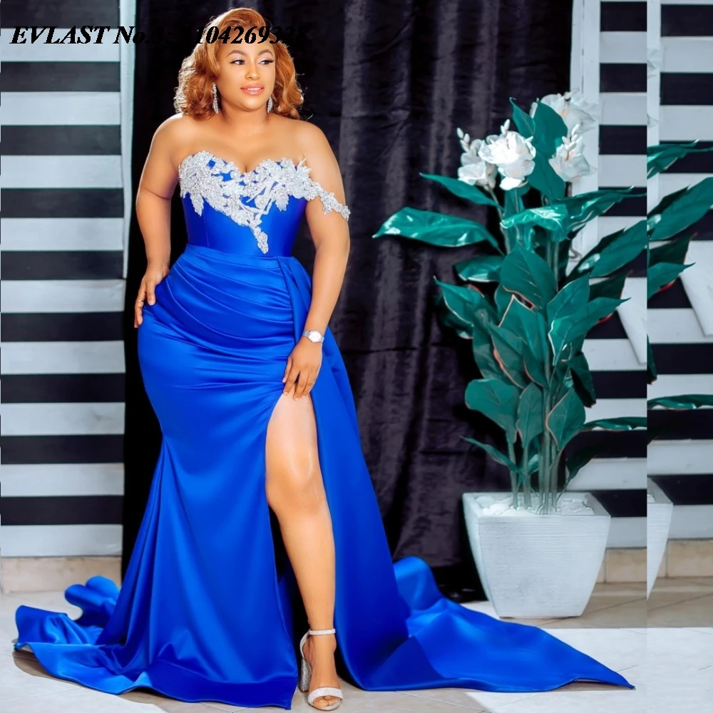 

EVLAST Customized Sparkly Royal Blue Mermaid Prom Dress Aso Ebi Lace Applique Beading High Slit Party Gown Robe De Soirée E3P597
