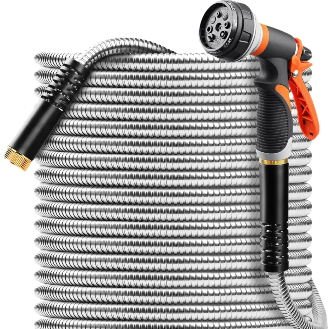 

Stainless Steel Garden Hose with 8-Function Plastic Water Gun for Car Washing and Watering