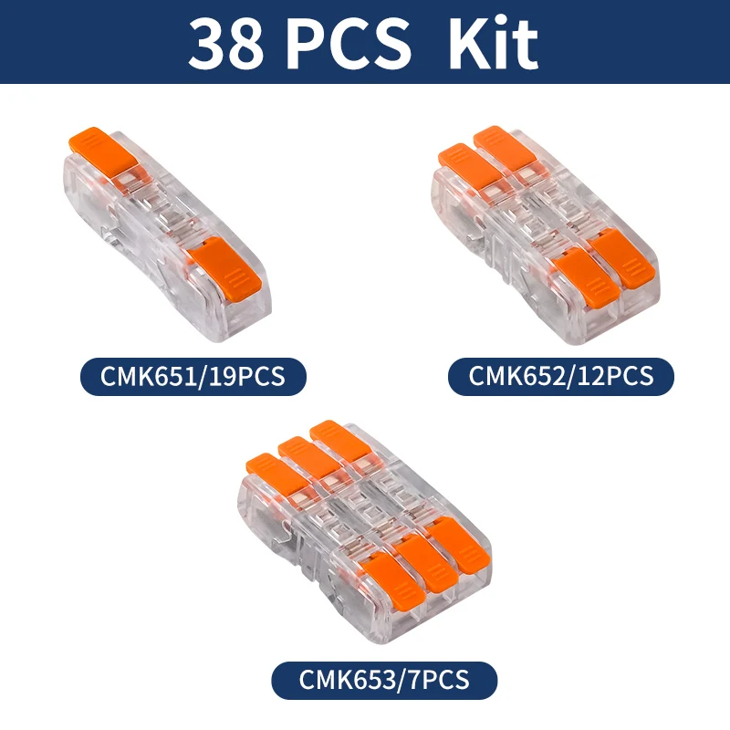 JINH Clear Quick Push-in Cable Splicer Set, 38 Pieces Mixed 1-3 Port, CMK65 Series Parallel Butt Connectors, Tool-Free 2.5mm²