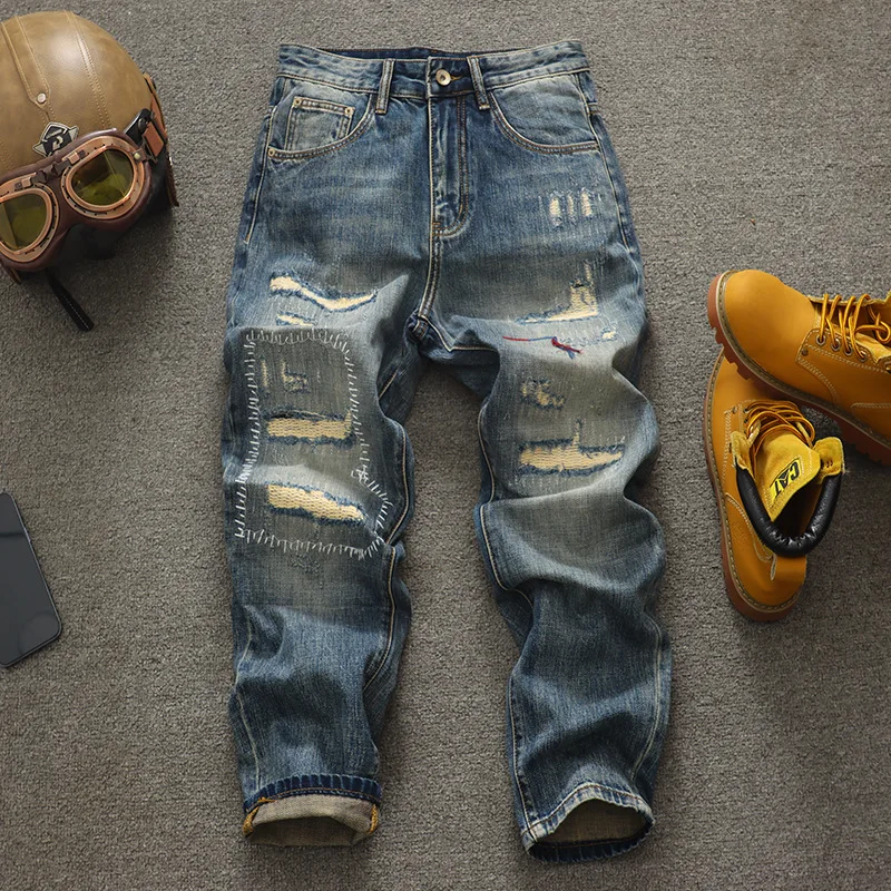 

Модные свободные прямые джинсы в американском стиле ретро с рваными нашивками для мужчин, модная уличная одежда, классные и ностальгические брюки