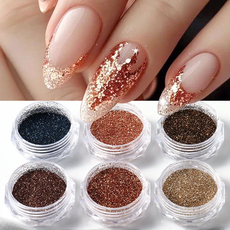 6개입 샤이니 로즈 골드 커피 브라운 슈가 네일 파우더 반짝이는 다이아몬드 크롬 플레이크 더스트 캔디 코팅 가을 겨울 글리터 매니큐어