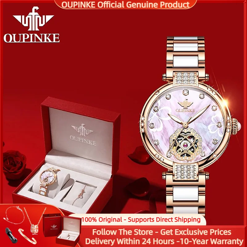 

OUPINKE 3183 Luxury Hollow Women Watch Elegant Rose Gold Ceramic Strap Reloj Diamond All Automatic Mechanical Watch Reloj Mujer