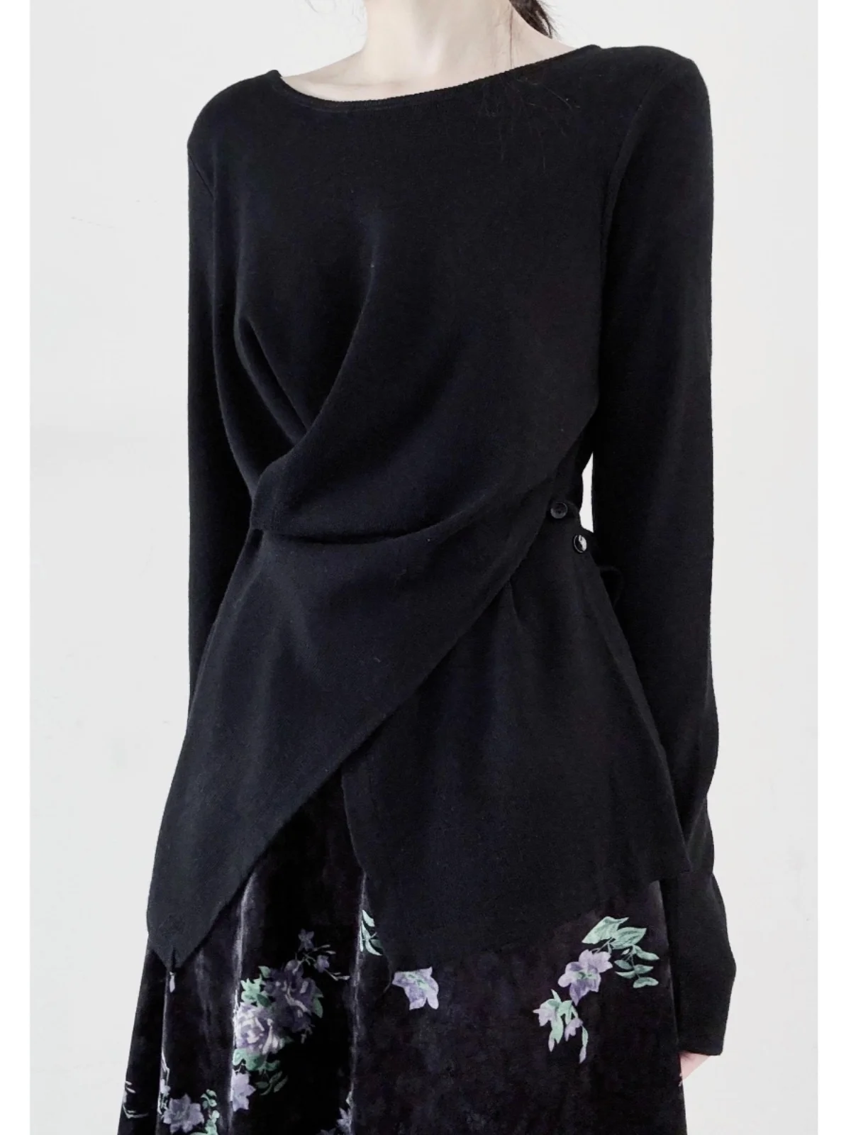 

Black Knitted Sweater Double Cross Waist Cinching Irregular Design Sensation Style Commute Simple Loose Fit Long Sleeve