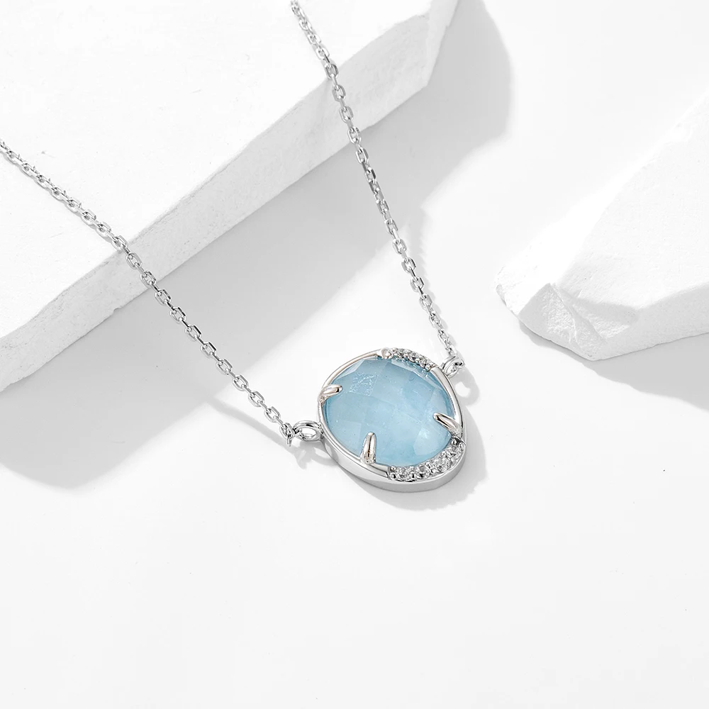 original design natural stone Aquamarine faced necklace for women fine necklace Sterling 925 silver jewelry wholesale - Image 2