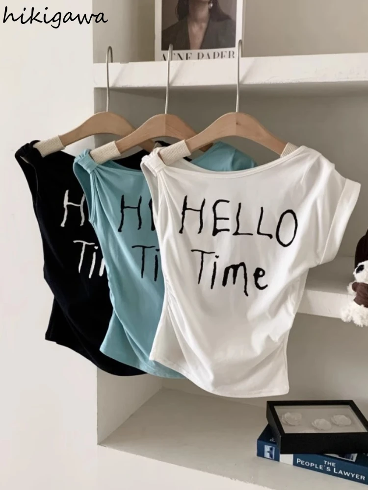 

Summer T Shirts Women Letter Print Chic Tees Y2k Tops Casual Slim Camisetas Off Shoulder Irregular Sexy T-shirts 2025 Ropa Mujer