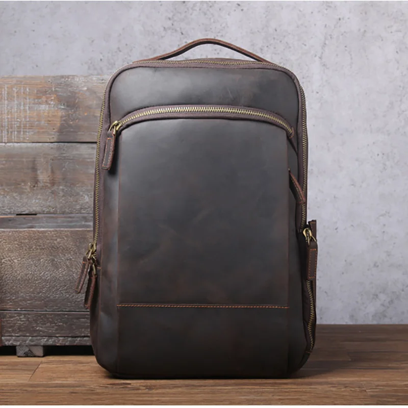 Vintage Crazy Horse Genuine Leather Backpack For Men Hiking Bagpack Male Traving Rucksack 15