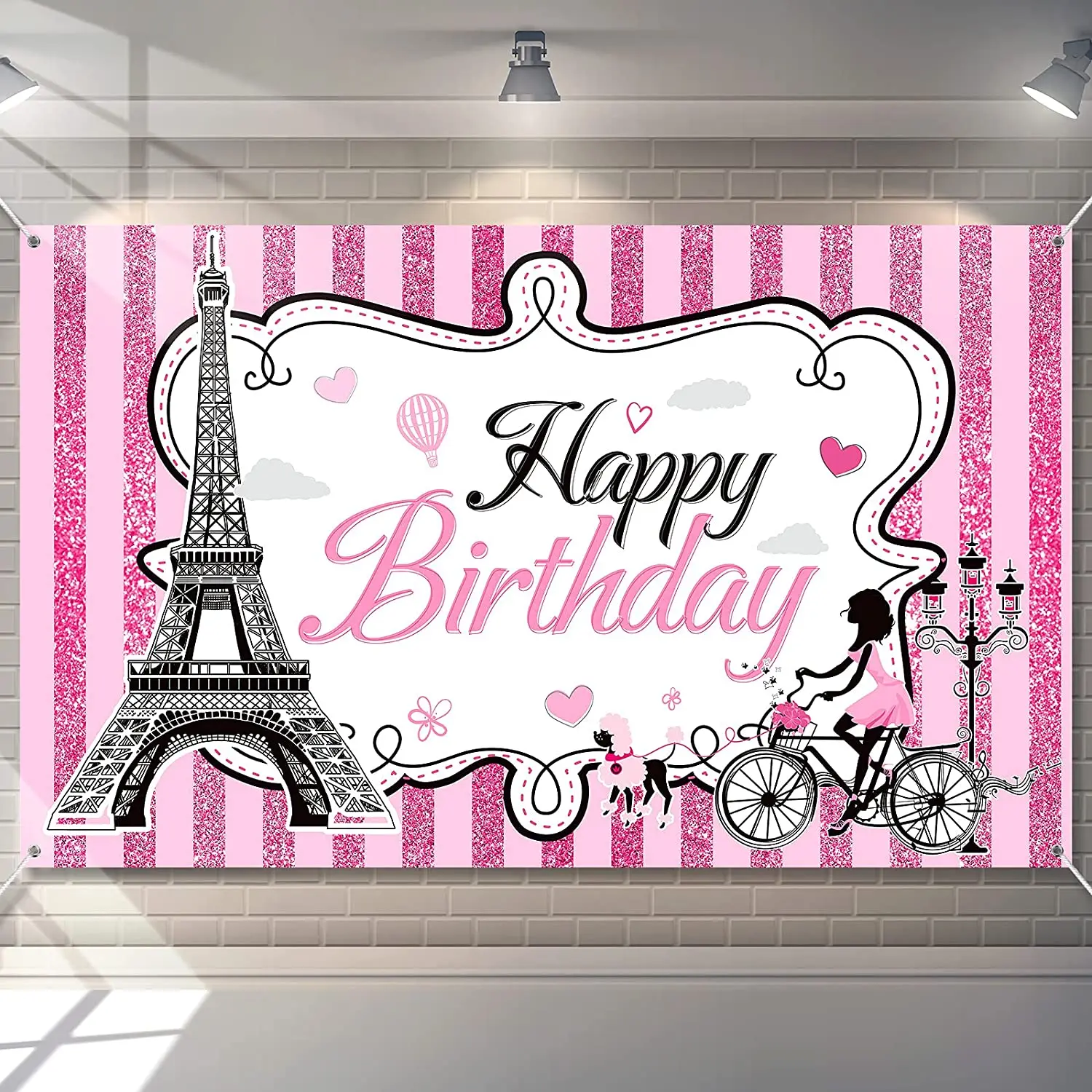 

Paris Happy Birthday Backdrop Eiffel Tower Photography Background Party Decorations Sweet Pink Stripes Girl Supplies Table