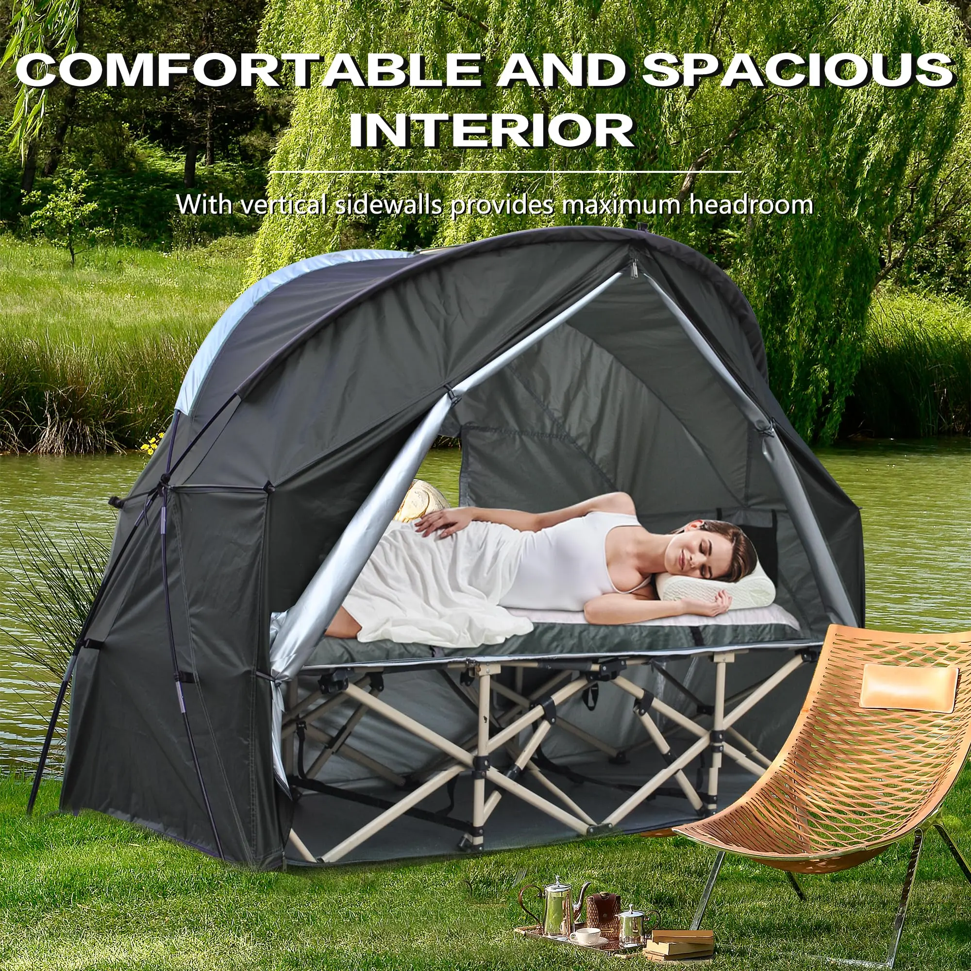 Tenda da campeggio 4 in 1, tenda da campeggio per 1 persona, tenda pieghevole fuori dal terreno, tenda da pesca, letto non incluso
