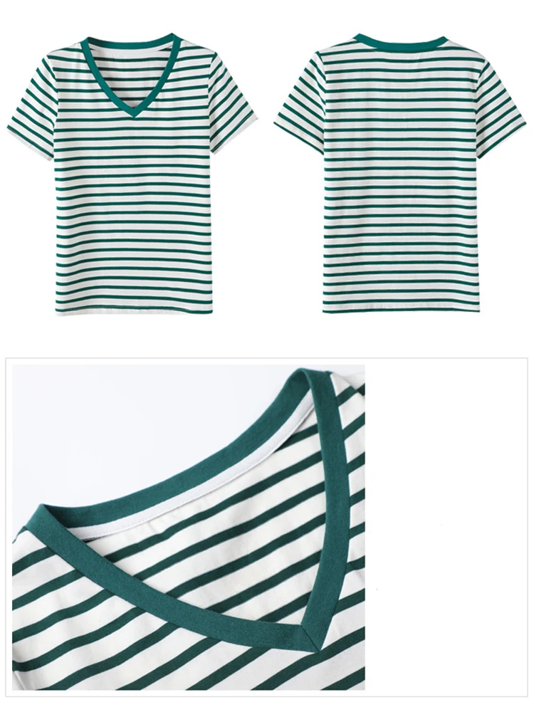 Cotton Short Sleeve Tshirt Women Striped Basic T Shirts Korean Fashion Woman Clothes Summer V Neck Top Casual Tee Shirt Femme