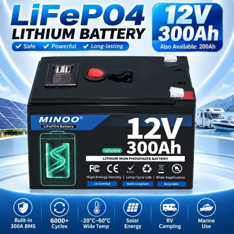 AliExpress MINNAAOO LiFePO4 12V 300AH 12V 200AH Battery Free Charger 12V Lithium Battery Built-In 300A BMS 8000+ Cycle For Solar RV Marine Energy