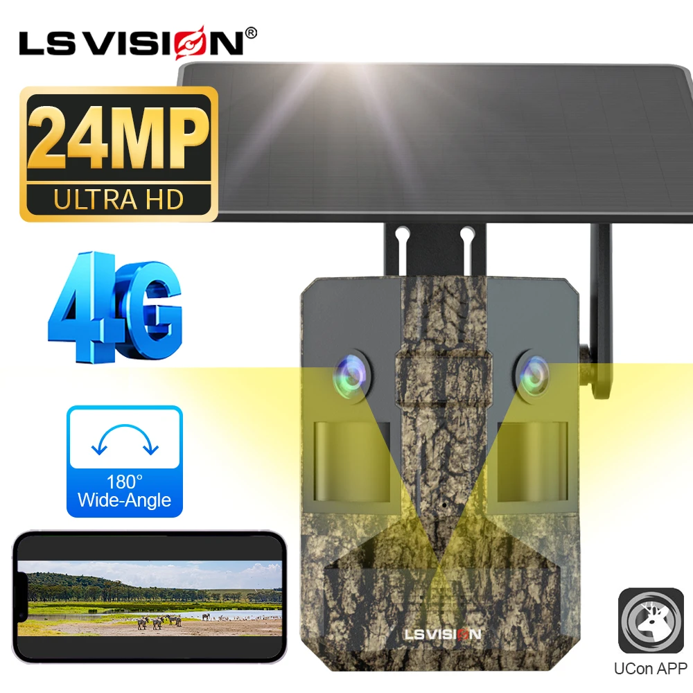 LS VISION 24MP 180 °   Caméra de chasse solaire 4G à vision ultra large, double écran, double détection PIR, reconnaissance animale, lumière infrarouge 940nm intégrée, étanche IP66, avec diffusion en direct 3K