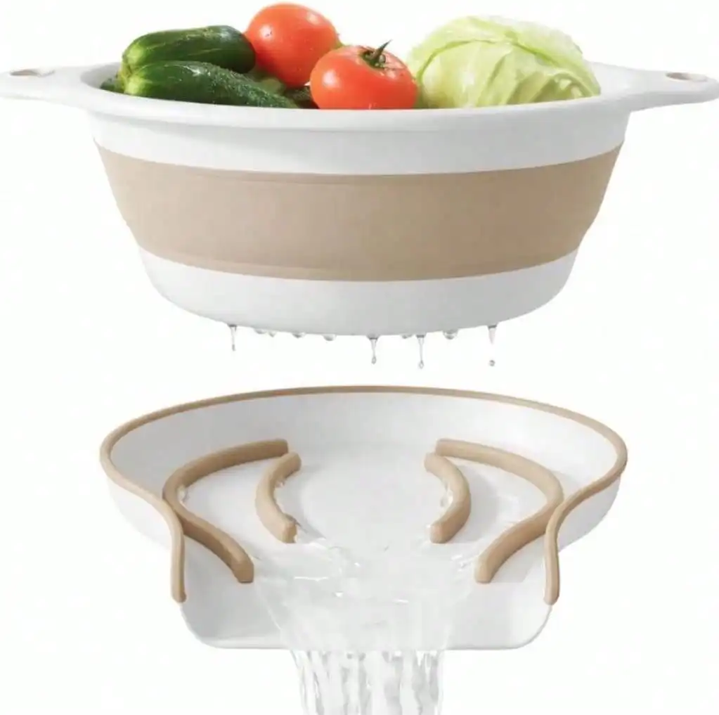 

Gevoli 2-In-1 Large Collapsible Colander With Self-Draining Base Set - Plastic Side Drain Food Strainer For Edge Of Kitchen Sink (Beige)