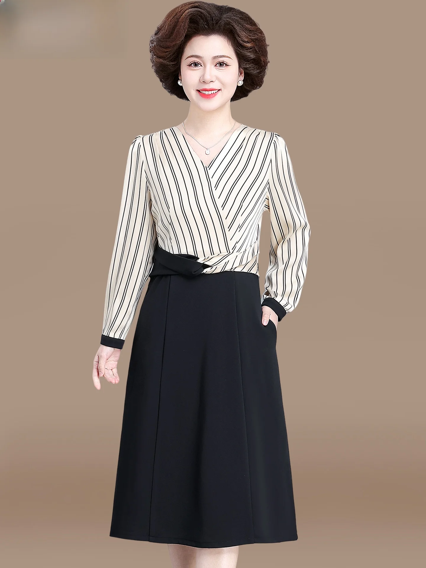 

Осенняя модная длинная миди-платье-футляр для женщин среднего возраста, элегантное, свободного кроя, с V-образным вырезом, из полиэстеровой смеси