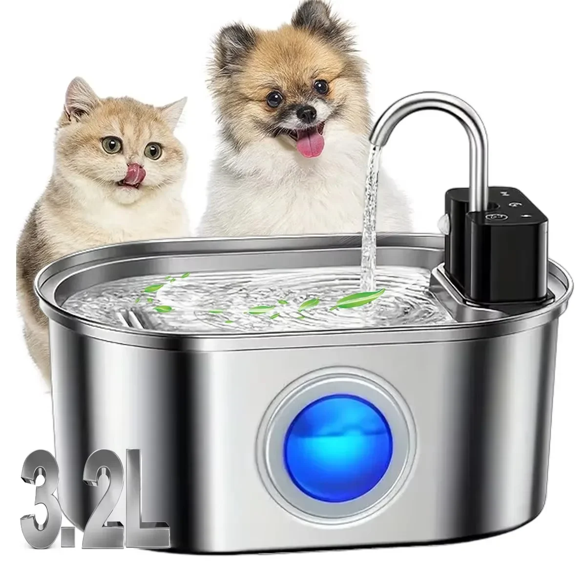 3.2L Smart Cat Water Fountain, Ultra‑Quiet Stainless Steel Wireless Pet Water Dispenser, 3/7 Pack Filters, for Cats and Dogs view 2