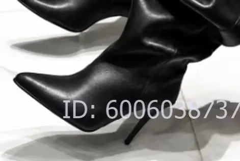 Women Slouch Suede Knee High Boots Pointed Toe Stiletto Heel Ruched Fold Over Tall Boots Vintage Fashion Party Dress Footwear