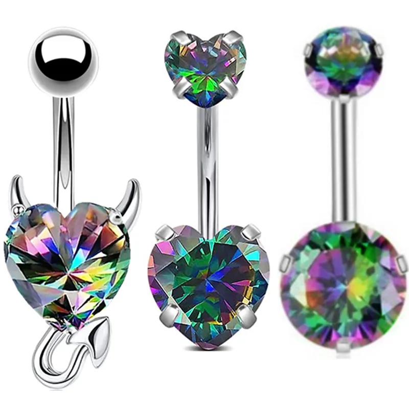 3PCS Devil Belly Button Ring Pack Stainless Steel Crystal Belly Piercing Set Heart Navel Ring Bulk Piercing Ombligo Lote Women