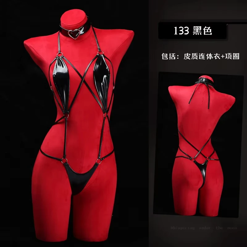 Anime Halter Leather Swimsuit for Girls, Cross Straps, Bandage Jumpsuit, Drum Suit, Lingerie Costumes, Hollow Out Pyjamas, Cosplay