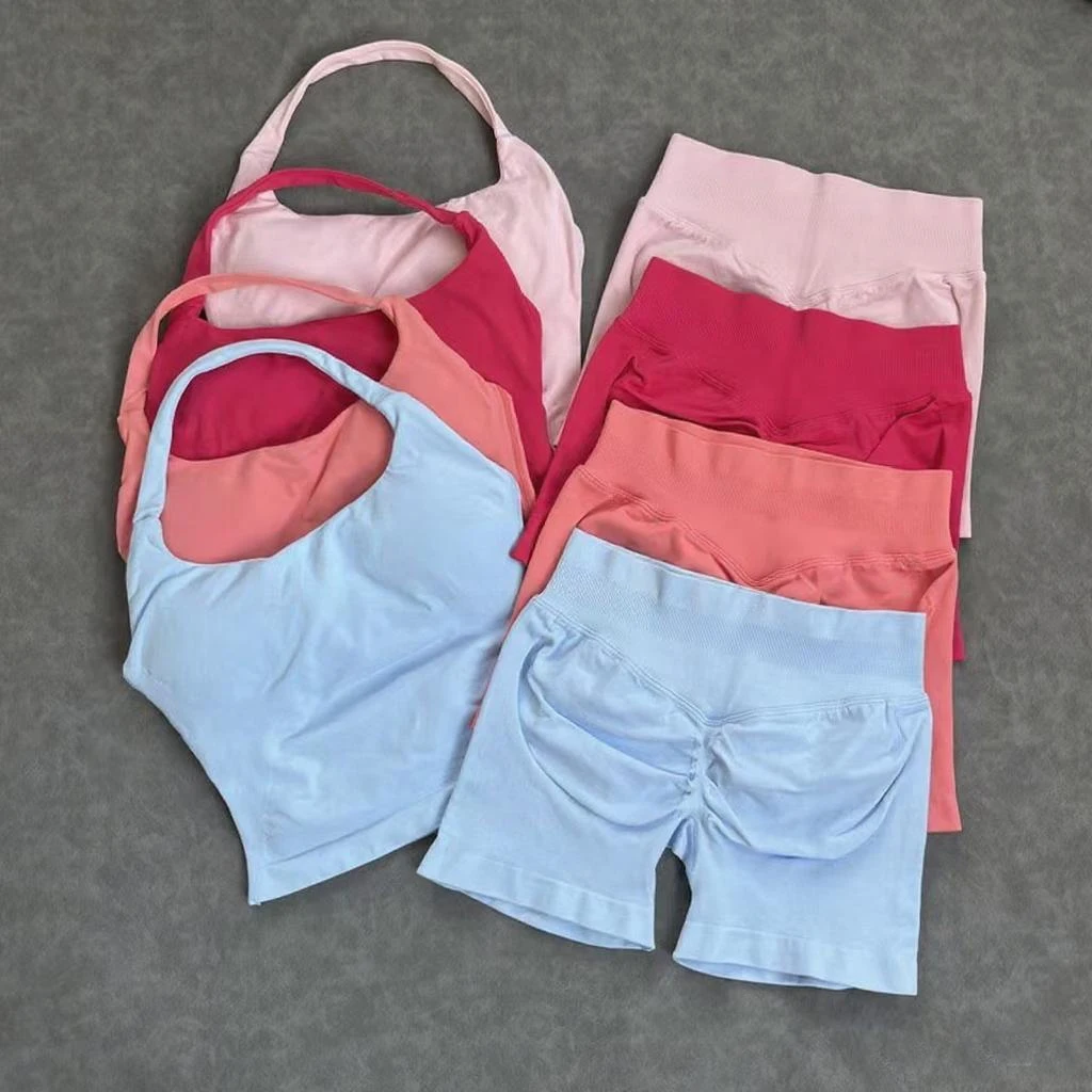 

Спортивный комплект из 2 предметов, женские топы с открытой спиной и лямкой на шее, бесшовные эластичные шорты с высокой талией, спортивный костюм, спортивная одежда, комплекты для тренировок