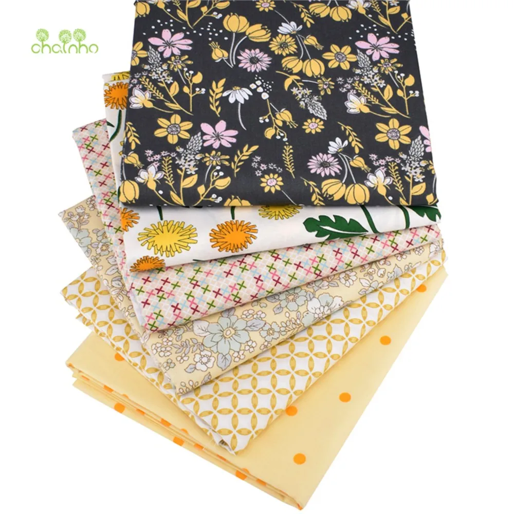 Chainho,Printed Twill Weave Cotton Fabric,Patchwork Cloth,DIY Sewing Quilting Material,Yellow Floral Series,3 Specification,QC50