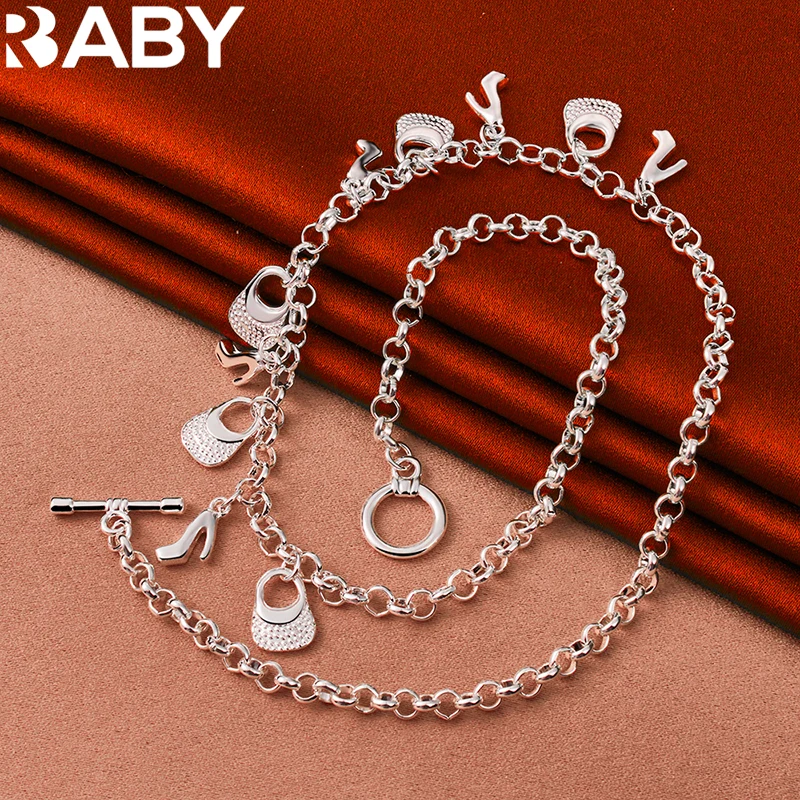 URBABY 925 Sterling Silver tacchi alti borse ciondolo catena braccialetto collana per le donne gioielli moda Set Charms accessori