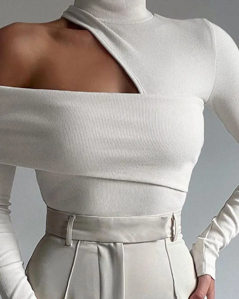 여성용 캐주얼 롱 숄더 베어드 탑 베이지 색상 가을 시즌용 패셔너블한 중국 스타일 탑